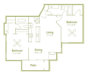 2 beds, 2 baths, 971 sqft, $1,277