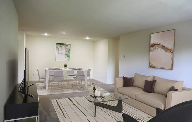 A living room with a couch, a dining table, and a television.
