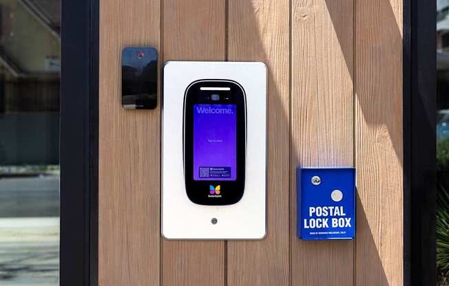 A phone is plugged into a post box at Skylar At Sunset Apartments, California