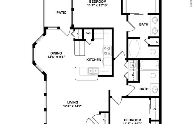 2 beds, 2 baths, 1,140 sqft, $1,329