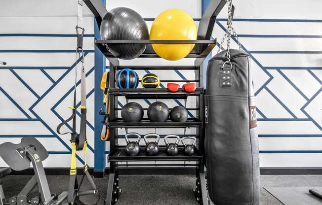 a boxing bag and other equipment on a rack in a gym