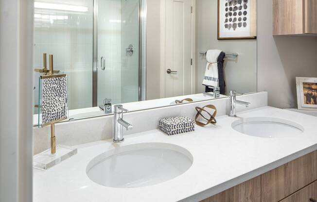 A bathroom with two sinks and a mirror.