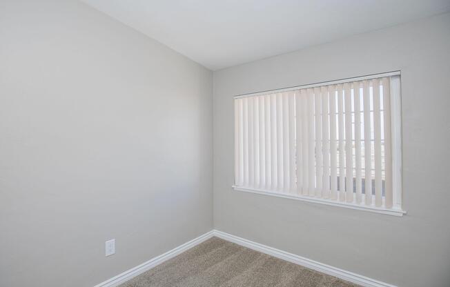 A vacant room with light gray walls and beige carpet flooring. There is a window on the far wall covered with vertical blinds, allowing natural light to fill the space. The overall atmosphere is bright and minimalistic, suitable for various uses such as an office or storage.