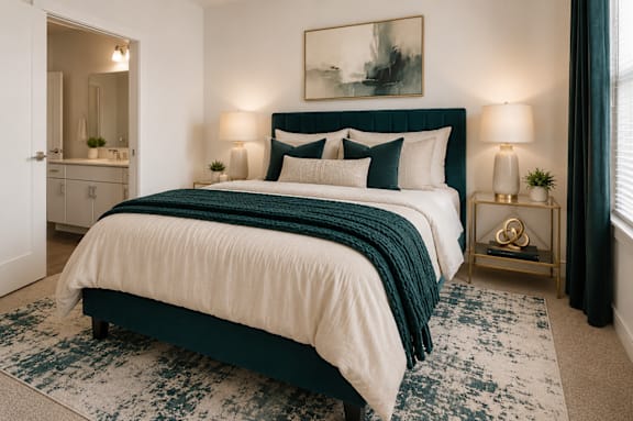 A bedroom with a large bed and a painting on the wall.