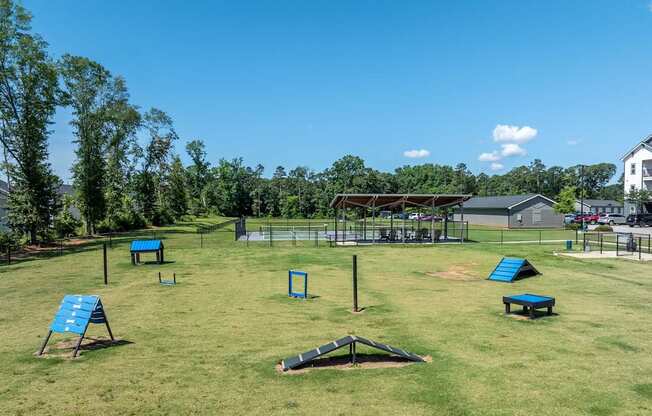 A park with a blue bench and a black object in the middle of the grass.