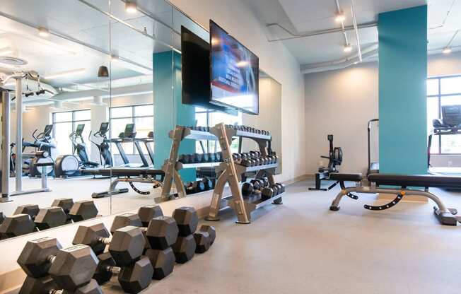 a gym with weights and cardio machines and a television