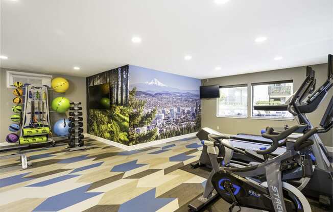 a home gym with a large mural on the wall