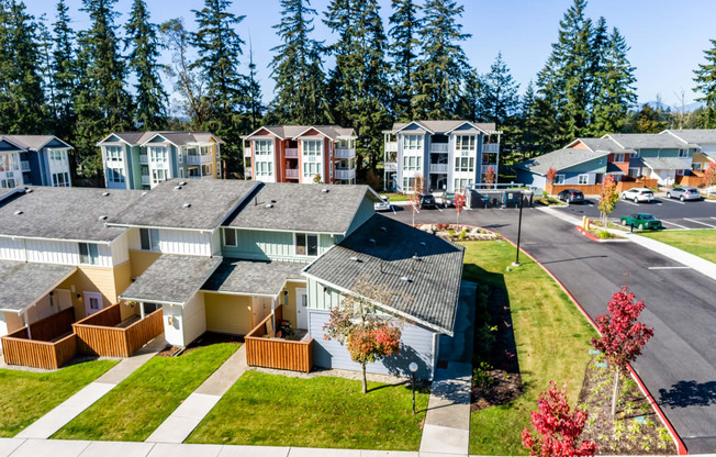 an aerial view of a row of houses on a street at Woodcreek, Poulsbo Washington