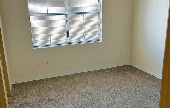 an empty room with a large window and carpet