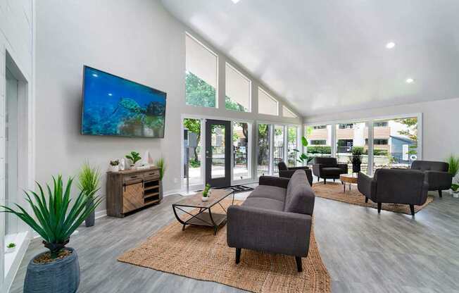 a living room with a couch and a table