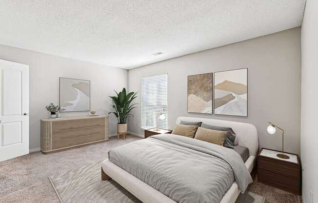 A bedroom with a large bed and a wooden dresser.