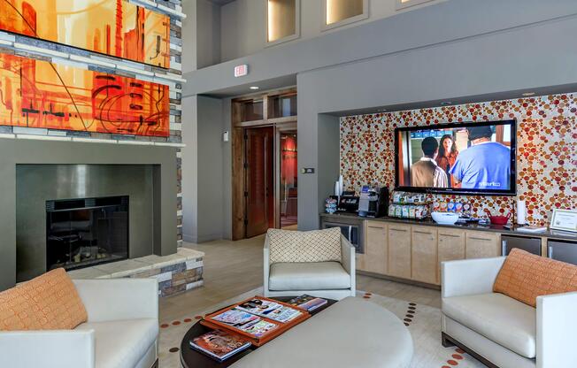 a screen shot of a living room filled with furniture and a fire place