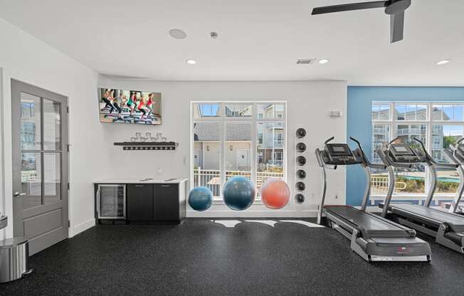 the gym with treadmills and weights at the preserve at great neck apartments