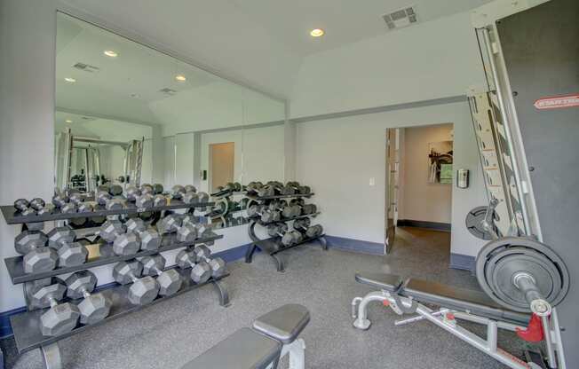 a fully equipped fitness center with cardio equipment and mirrors
