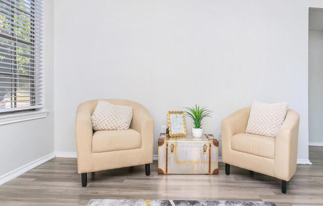 Two cozy beige armchairs positioned across from each other on a light wooden floor. Between them is a decorative table with a small green plant and a framed photo on top. A patterned area rug lies beneath. The wall is white, with natural light coming through the window.