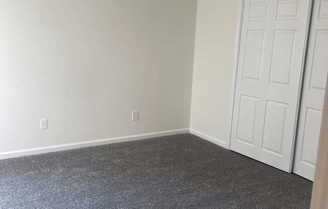 an empty room with a carpeted floor and white doors