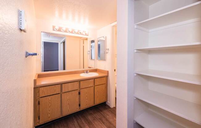 A bathroom with a sink and mirror.