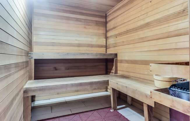 a wooden sauna with benches and a sink
