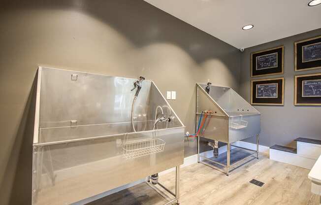 an indoor dog wash station with two stainless steel tubs and a sink at Canopy at Baybrook apartment community Charlotte NC