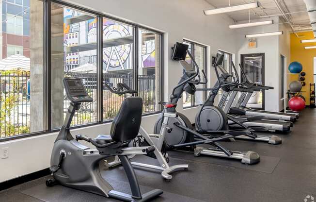 a row of exercise bikes in a fitness room with windows