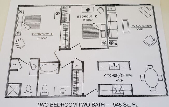 2 beds, 2 baths, 945 sqft, $959.99, Unit B6