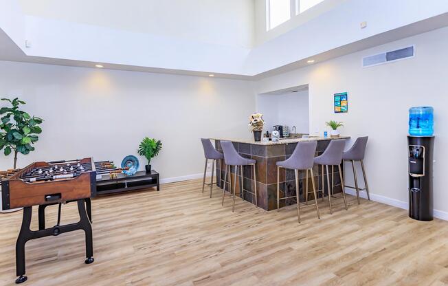 a room with a wooden table