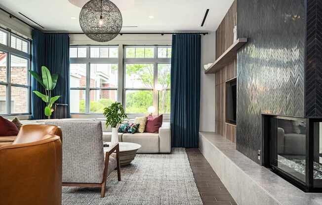 A living room with a fireplace and a couch.