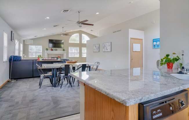 Common area with lounge area and kitchen in the clubhouse at Skyline View apartments