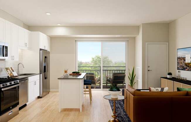 a kitchen and living room in a 555 waverly unit at The Gateway at West Lake Quarter in Minneapolis, MN