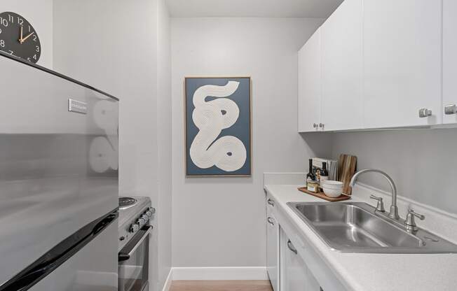 kitchen with stainless steel appliances and white cabinets and a wall art of a white snake at the Pavilion
