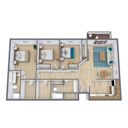 3 Bed 2 Bath 1,200 Sq. Ft. Floor Plan at Park Place Apartments in Fargo, ND 58103