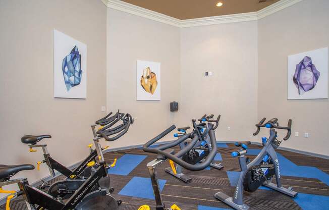 A room with exercise bikes and artwork on the wall.