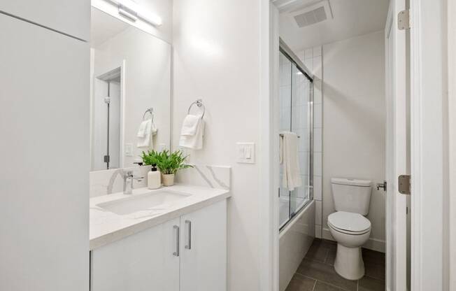 a bathroom with a sink toilet and a shower