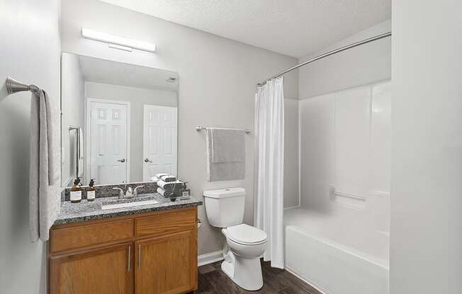 Model Bathroom with Wood-Style Flooring, Oak Cabinets and Shower/Tub at Retreat at Stonecrest Apartments located in Lithonia, GA.