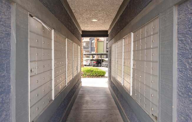 a row of lockers on the side of a building