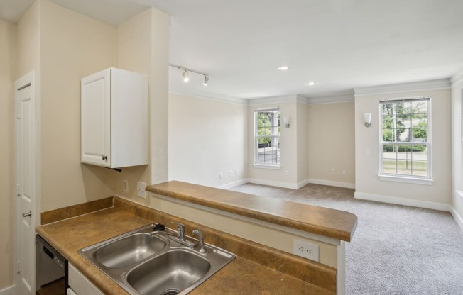 a kitchen and living room with a sink and a window