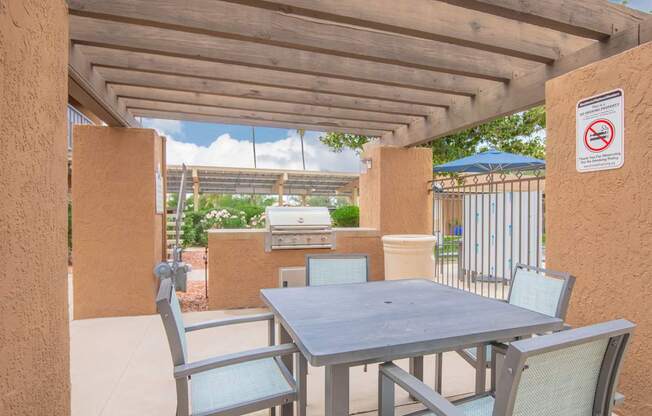 A patio with a table and chairs under a roof.