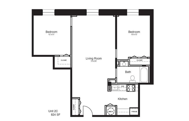 2 beds, 1 bath, 824 sqft, $1,399, Unit 2C