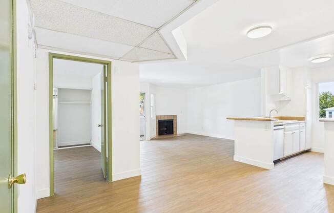 A room with a fireplace and a kitchen area.
