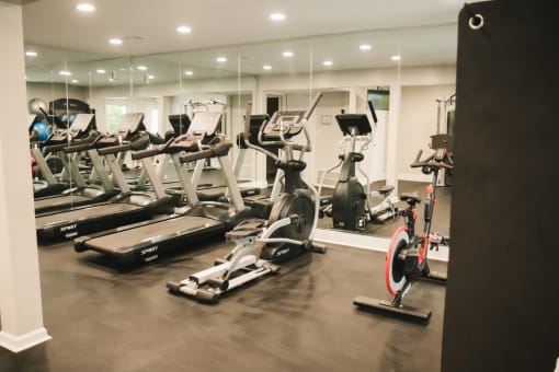 a row of exercise bikes in a gym