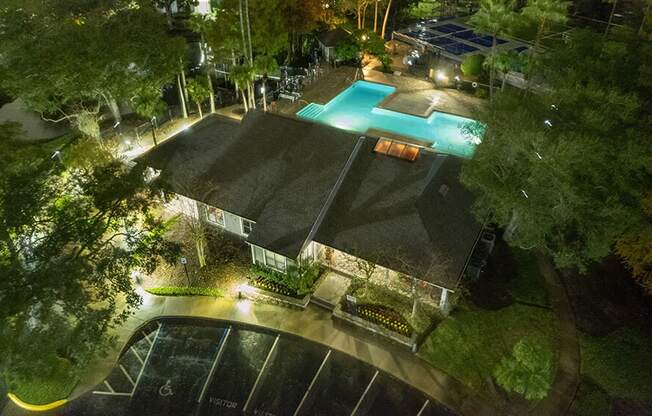 Aerial View of Community Clubhouse and Swimming Pool at Fountains at Lee Vista Apartments in Orlando, FL.