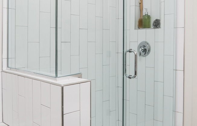 Frameless glass showers with floor-to-ceiling tile surrounds
