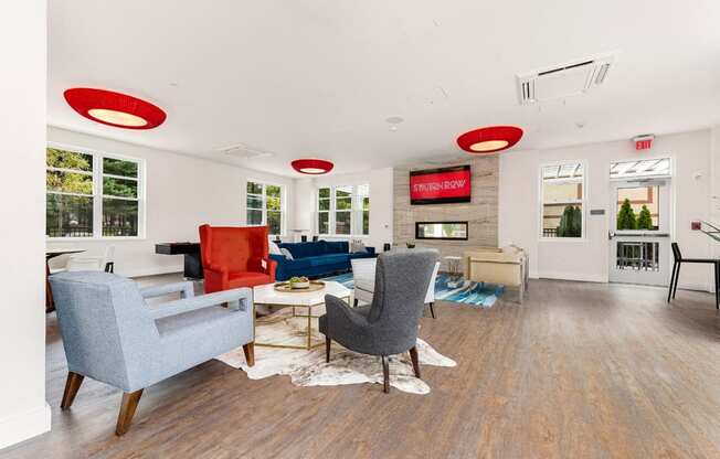 lobby of station row with fireplace and lounge seating