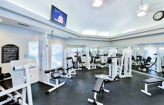 Fitness center with cardio and weight training machines at The Winsted at Valley Ranch in Irving, TX, For Rent. Now leasing 1 and 2 bedroom apartments.