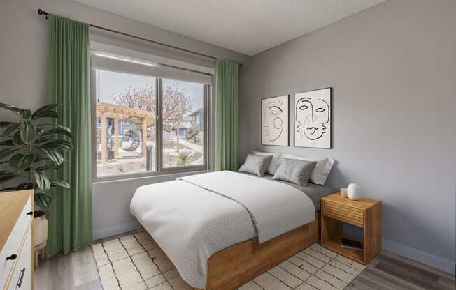 3d rendering of a bedroom with a bed and a window