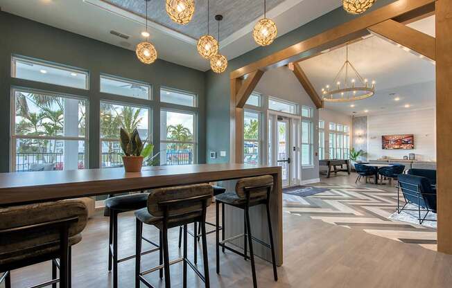 A bar area with stools and a potted plant.
