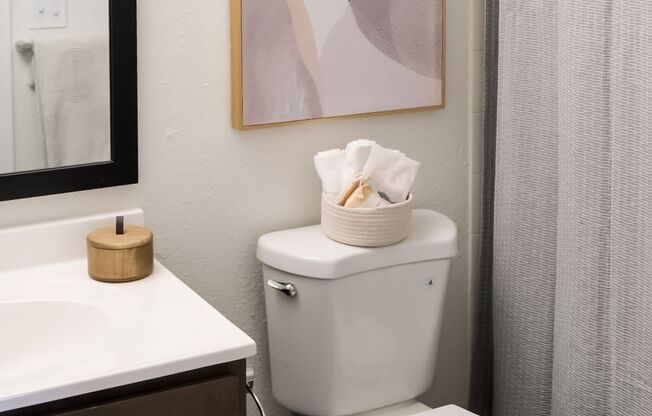 bathroom with a toilet, sink, mirror, and art