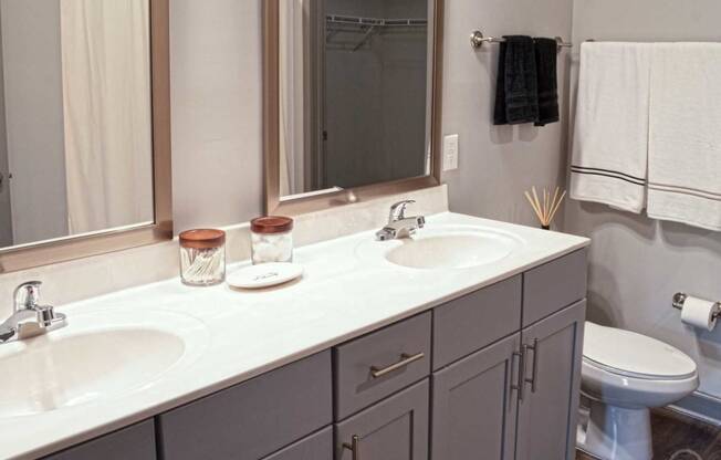 a bathroom with two sinks and a toilet and a mirror