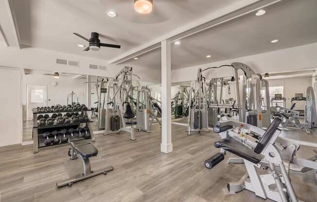 Brentwood Oaks Apartments in Nashville Tennessee photo of a gym with weights and cardio machines and a ceiling fan