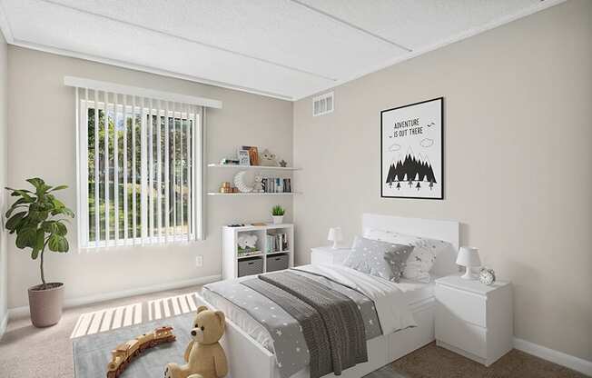 Model Bedroom with Carpet and Window View at Elevate on Parkway Apartments, Burnsville, Minnesota